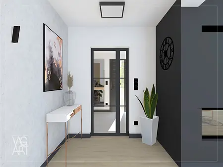 Przedpokój w stylu industrialnym z białą konsolą i rośliną