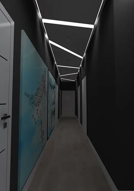 Korytarz z nowoczesnym oświetleniem LED, ścianami w kolorze czarnym i obrazami.