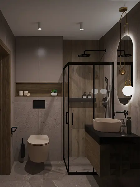 Nowoczesna łazienka w stylu soft minimalizm z drewnem i eleganckimi detalami.