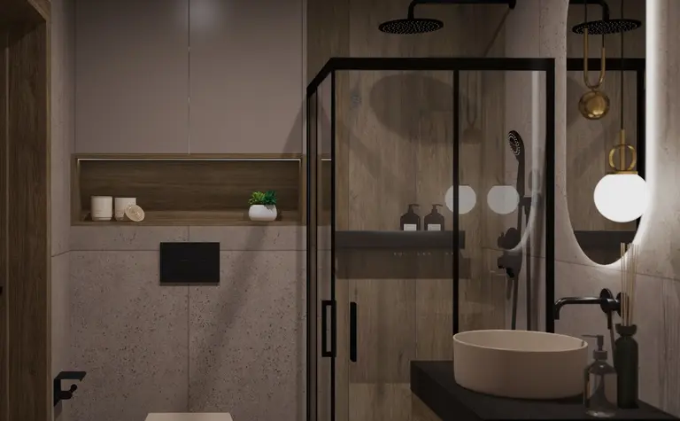 Nowoczesna łazienka w stylu soft minimalizm z drewnem i eleganckimi detalami.