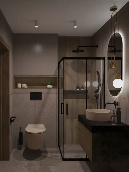 Nowoczesna łazienka w stylu soft minimalizm z drewnem i eleganckimi detalami.