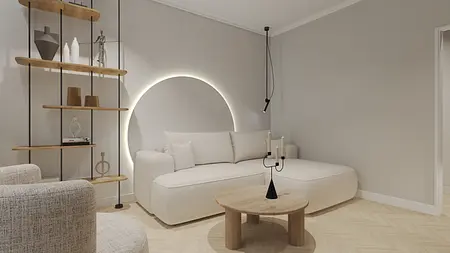 Salon w stylu soft minimalizm z jasną sofą i drewnianym stolikiem.