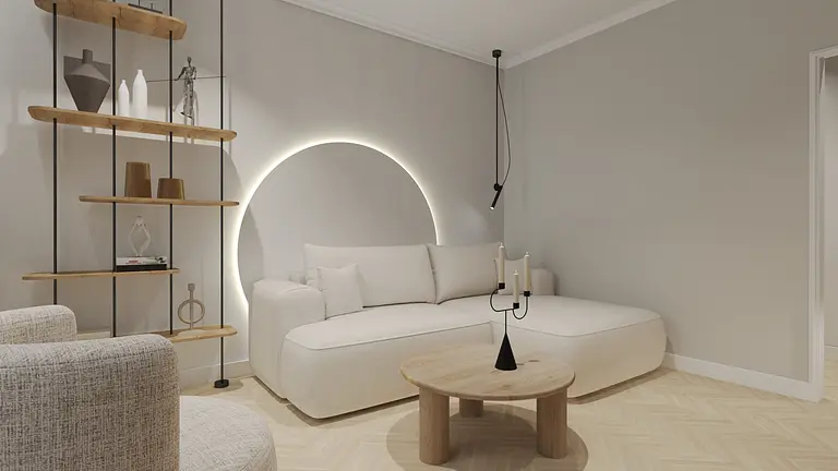Salon w stylu soft minimalizm z jasną sofą i drewnianym stolikiem.
