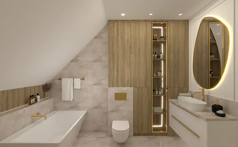 Wnętrze łazienki z drewnem i marmurowymi detalami, styl glamour i minimaluxe