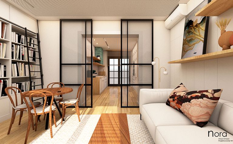 Wnętrze z minimalistycznym wystrojem, drewnianym stołem i białą sofą w stylu skandynawskim.