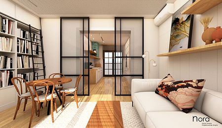 Wnętrze z minimalistycznym wystrojem, drewnianym stołem i białą sofą w stylu skandynawskim.