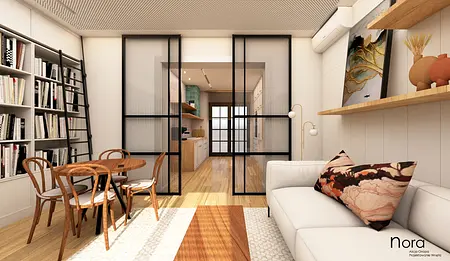 Wnętrze z minimalistycznym wystrojem, drewnianym stołem i białą sofą w stylu skandynawskim.