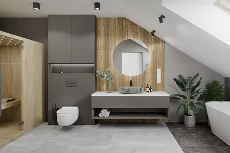 Nowoczesna łazienka z minimalistycznym designem, drewnianymi elementami i roślinami.