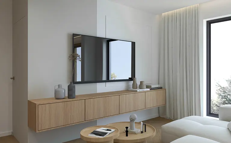 Minimalistyczny salon w stylu japandi z drewnianymi akcentami i dużym lustrem