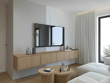 Minimalistyczny salon w stylu japandi z drewnianymi akcentami i dużym lustrem
