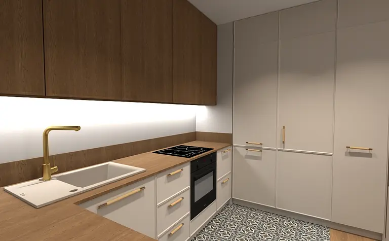 Współczesna kuchnia z drewnianymi szafkami i białymi elementami.
