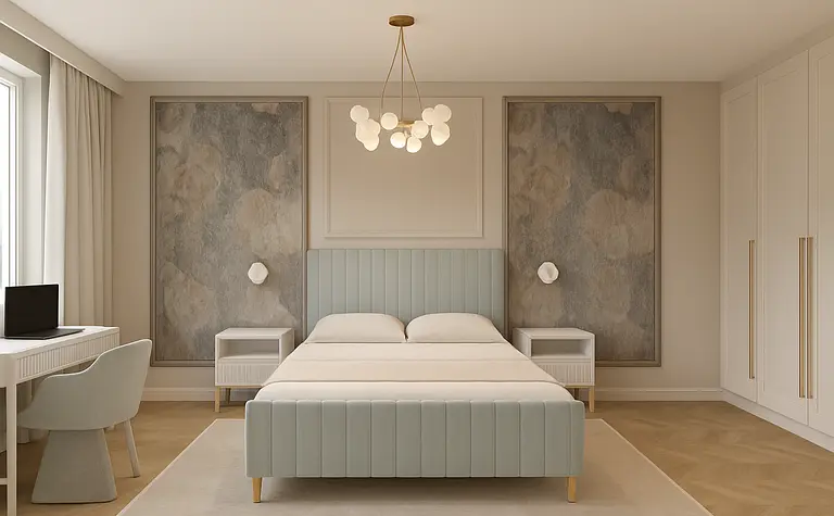 Sypialnia z niebieskim łóżkiem, białymi meblami i nowoczesnymi akcentami quiet luxury.