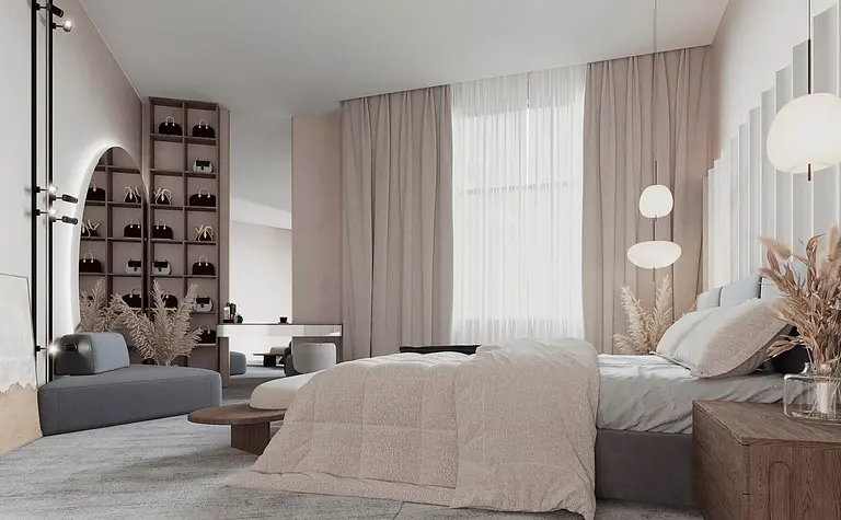 Wnętrze sypialni z minimalistycznym designem, nowoczesnymi meblami i jasnymi zasłonami.
