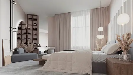 Wnętrze sypialni z minimalistycznym designem, nowoczesnymi meblami i jasnymi zasłonami.