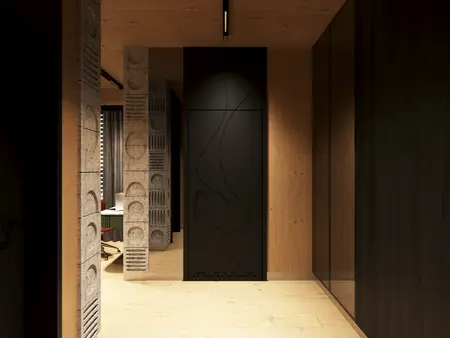 Przedpokój w stylu dopamine decor z drewnianymi i betonowymi elementami.