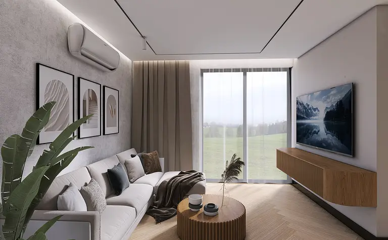 Wnętrze salonu z minimalistycznym designem, nowoczesnymi meblami i współczesnymi akcentami.