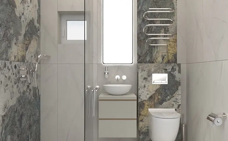 Nowoczesna łazienka z marmurowymi ścianami, prysznicem i minimalistycznym designem. Dopamine decor, industrialny, minimalizm.