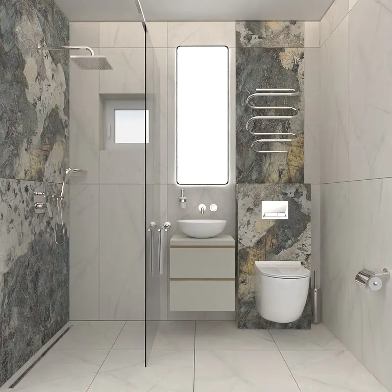 Nowoczesna łazienka z marmurowymi ścianami, prysznicem i minimalistycznym designem. Dopamine decor, industrialny, minimalizm.