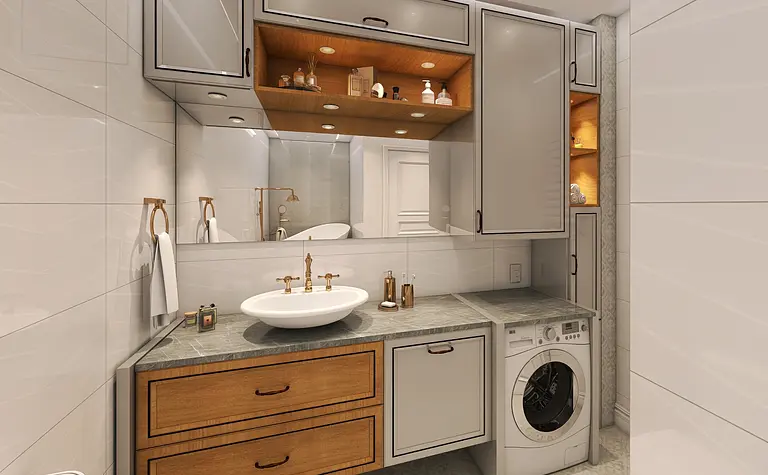 Wnętrze łazienki w stylu vintage z drewnianymi akcentami i nowoczesnymi elementami.