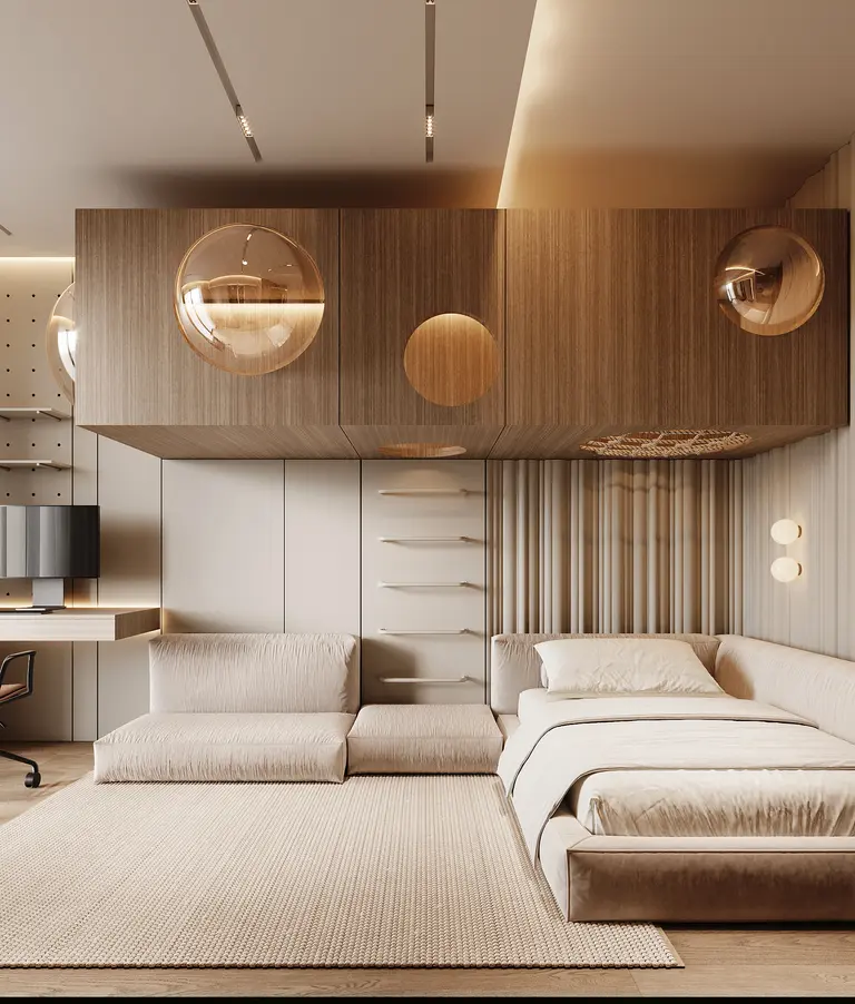 Wnętrze sypialni w stylu minimaluxe i quiet luxury z drewnianymi detalami.
