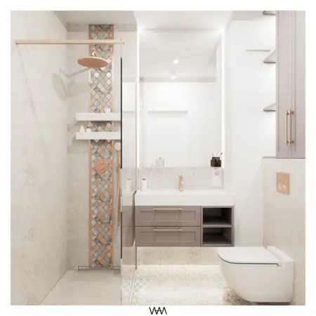 Nowoczesna łazienka w stylu glamour z minimalistycznymi akcentami i eleganckimi detalami.