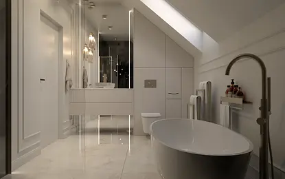 Wnętrze łazienki w stylu glamour z białą wanną.