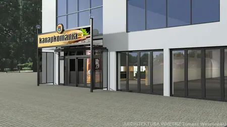 Fasada lokalu gastronomicznego z dużymi oknami i szyldem