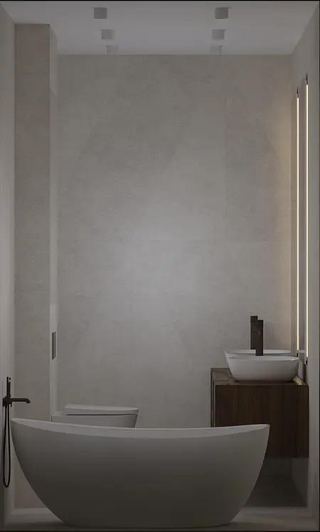 Nowoczesna łazienka japandi z wanną i minimalistycznym umywalką