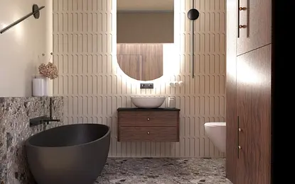 Nowoczesna łazienka z wanną, drewnymi elementami, styl japandi, minimaluxe, quiet luxury, vintage.