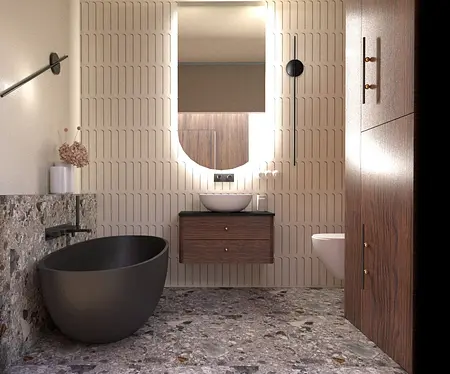 Nowoczesna łazienka z wanną, drewnymi elementami, styl japandi, minimaluxe, quiet luxury, vintage.