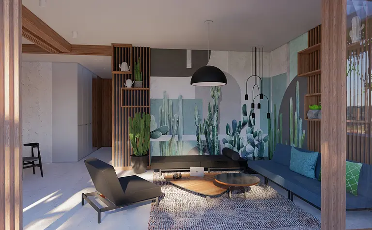 Wnętrze salonu w stylu eklektycznym z roślinami i nowoczesnym oświetleniem.