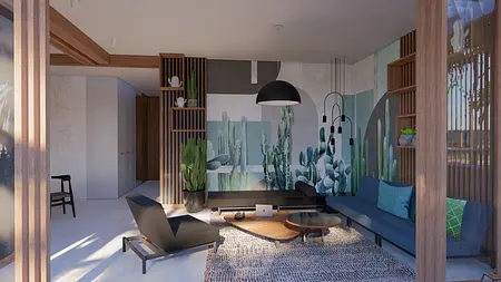 Wnętrze salonu w stylu eklektycznym z roślinami i nowoczesnym oświetleniem.