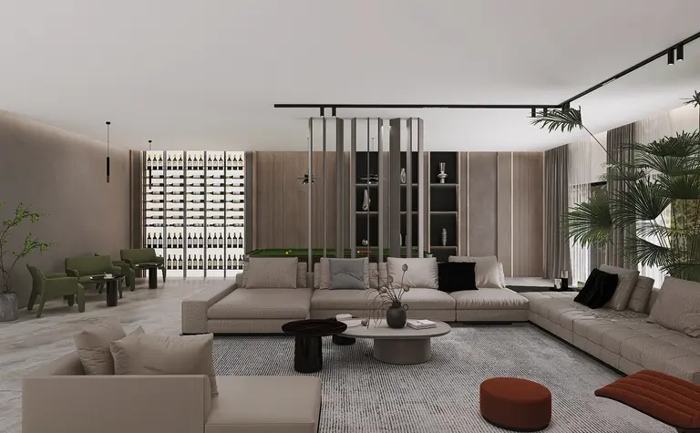 Wnętrze salonu w stylu glamour z nowoczesnymi meblami i elementami quiet luxury.
