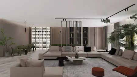 Wnętrze salonu w stylu glamour z nowoczesnymi meblami i elementami quiet luxury.