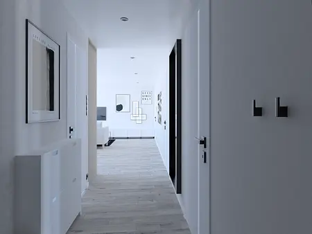 Przedpokój w stylu industrialnym, minimalistycznym i współczesnym z białymi drzwiami.