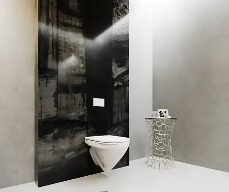Toaleta z nowoczesnym designem, czarną ścianą i srebrnym stolikiem.