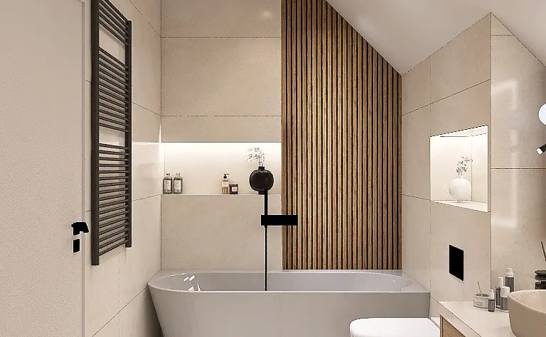 Nowoczesna łazienka z minimalistycznym designem, wanną i drewnianymi elementami.