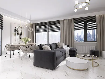 Wnętrze salonu w stylach minimaluxe, nowoczesny, quiet luxury, współczesny z szaro-białą aranżacją.