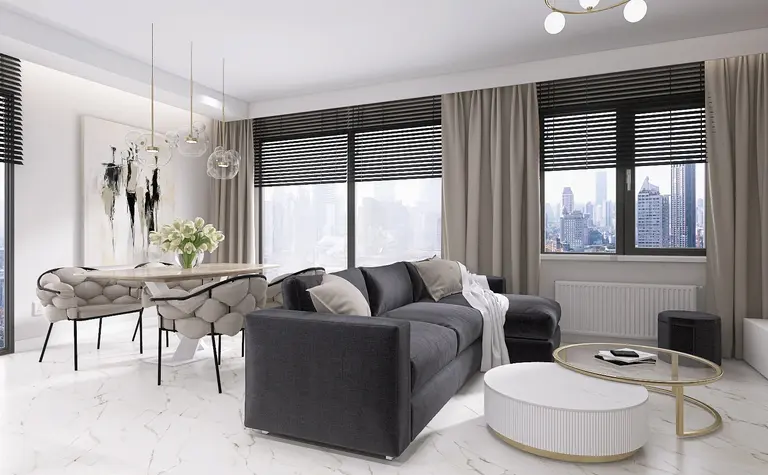 Wnętrze salonu w stylach minimaluxe, nowoczesny, quiet luxury, współczesny z szaro-białą aranżacją.