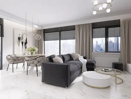 Wnętrze salonu w stylach minimaluxe, nowoczesny, quiet luxury, współczesny z szaro-białą aranżacją.