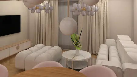 Wnętrze salonu w stylu minimalistycznym z białymi meblami i roślinnością