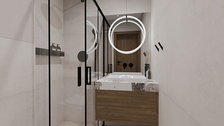 Nowoczesna łazienka w stylu soft minimalizm z drewnianą szafką i dużym lustrem