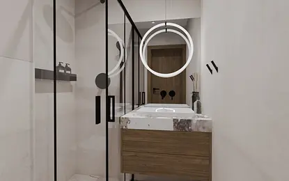 Nowoczesna łazienka w stylu soft minimalizm z drewnianą szafką i dużym lustrem