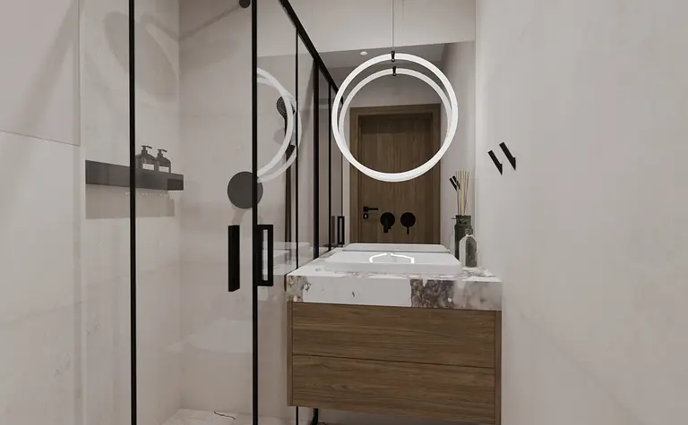Nowoczesna łazienka w stylu soft minimalizm z drewnianą szafką i dużym lustrem