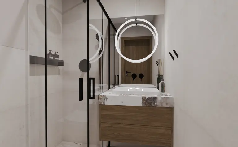 Nowoczesna łazienka w stylu soft minimalizm z drewnianą szafką i dużym lustrem