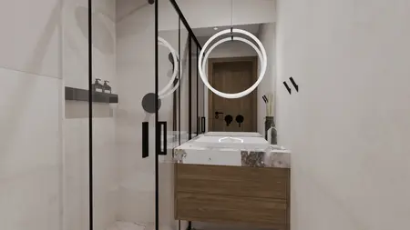 Nowoczesna łazienka w stylu soft minimalizm z drewnianą szafką i dużym lustrem