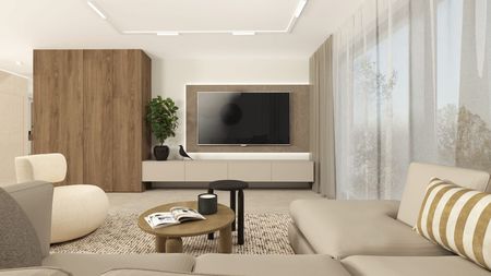 Wnętrze salonu w stylu japandi i minimalistycznym z drewnem, rośliną i telewizorem.