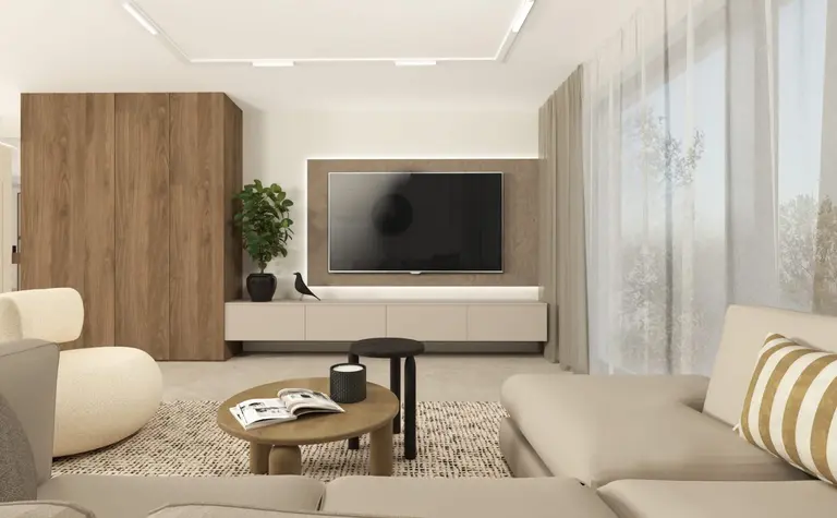 Wnętrze salonu w stylu japandi i minimalistycznym z drewnem, rośliną i telewizorem.