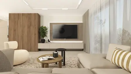 Wnętrze salonu w stylu japandi i minimalistycznym z drewnem, rośliną i telewizorem.