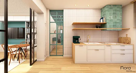 Kuchnia z drewnianymi meblami, zielonymi płytkami, industrialnym i minimalistycznym stylem.